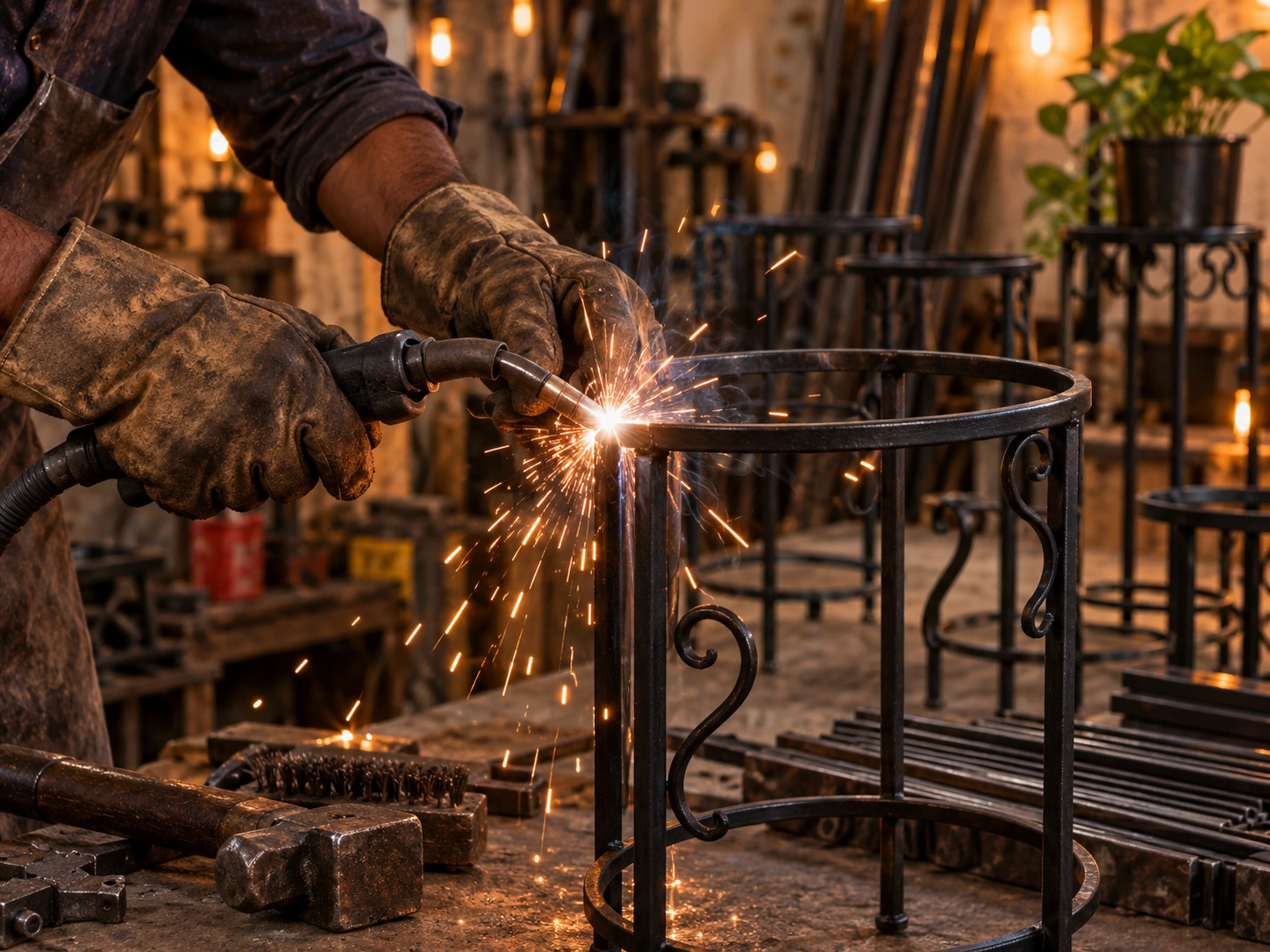 Artisan hand-welding an iron plant stand