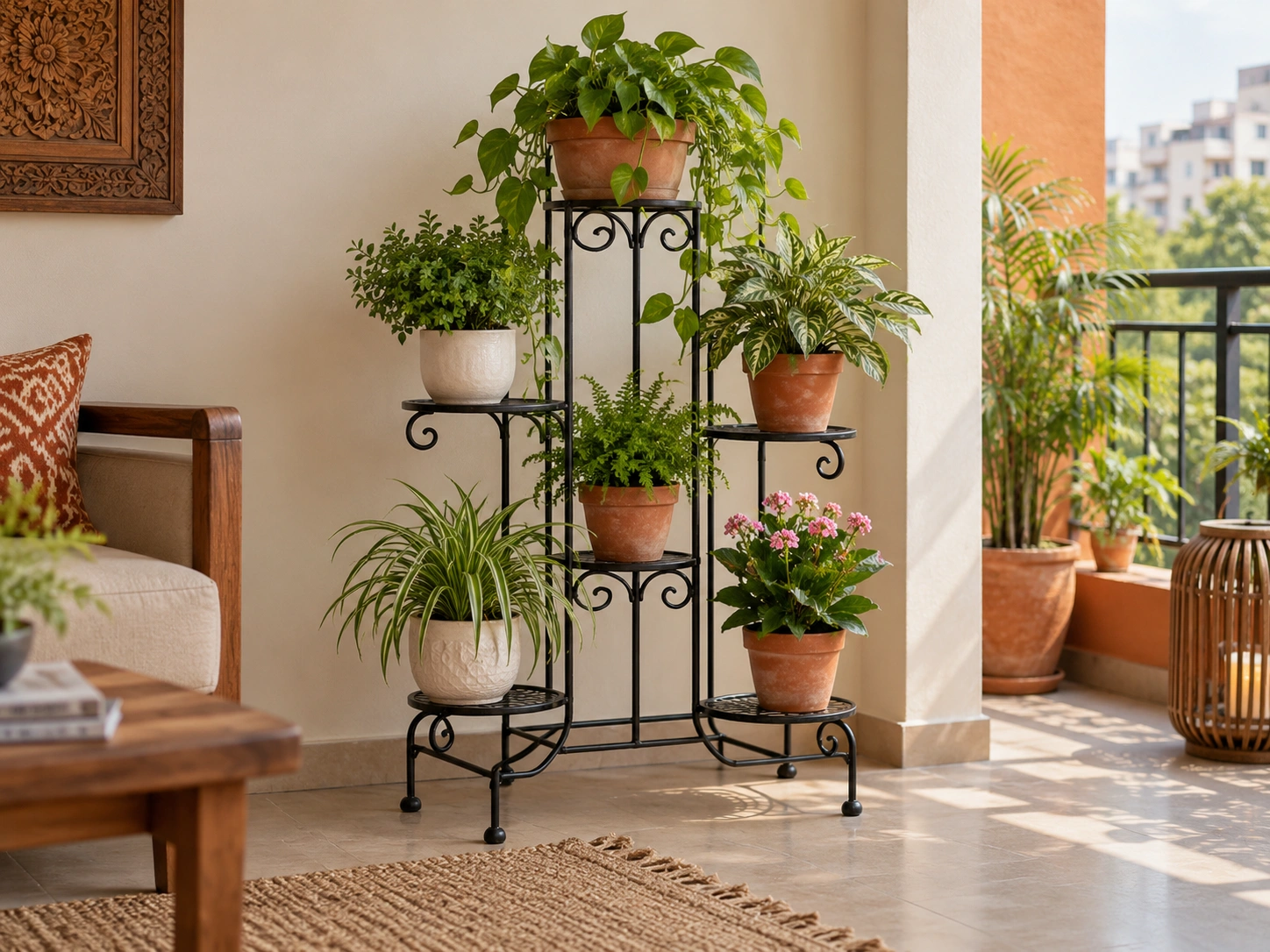 Plant stand styled in a home corner