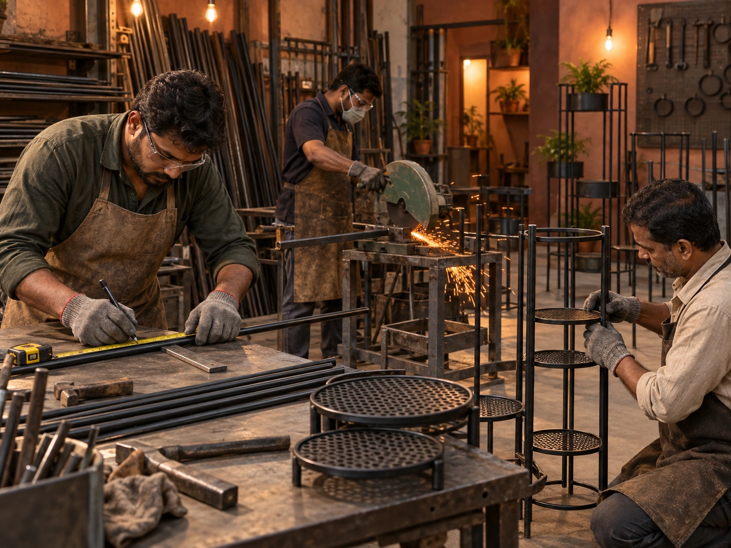 Artisans working together in an ironworking workshop