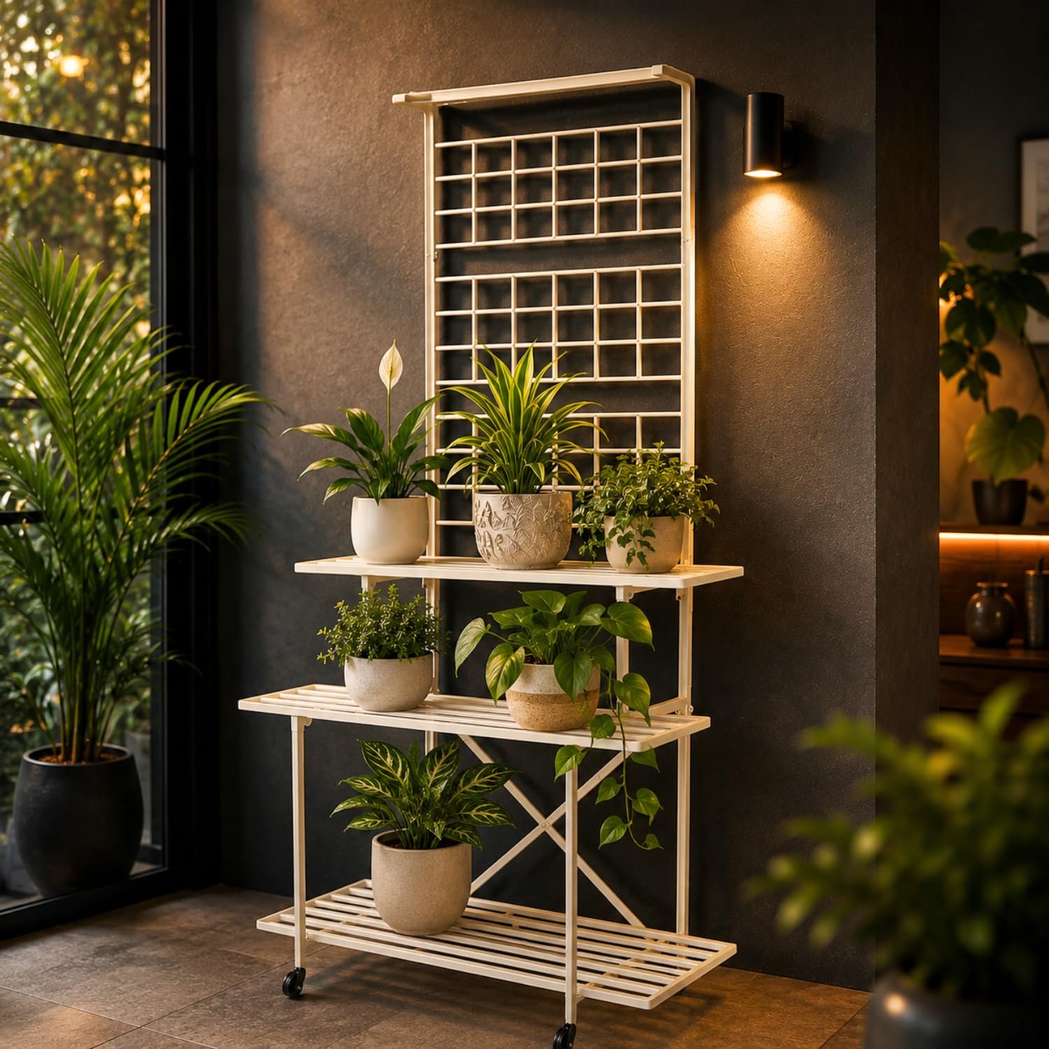 Finished plant stand styled in a home
