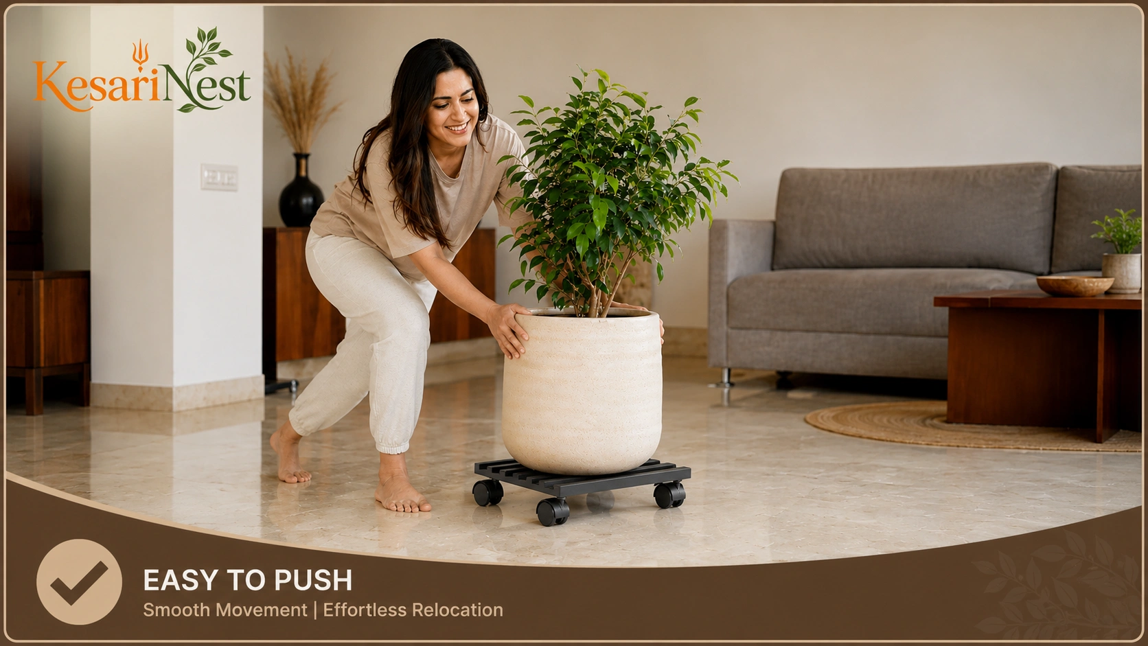 Designer Movable Plant Stand with Wheels — after